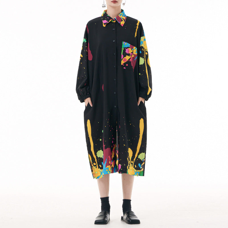 【ワンピース】春 秋 夏 レトロ プリント ルーズ 長袖 ワンピース 【SHシリーズ】