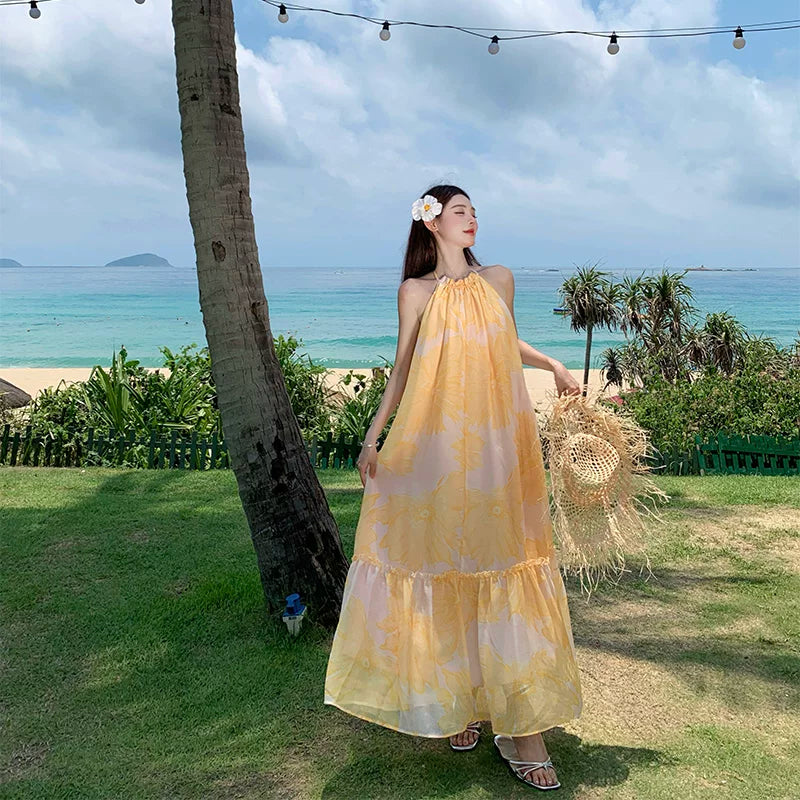 【ワンピース】リゾート風 イエロー ノースリーブ 花柄ワンピース レディース 夏 背中開き ロング丈 海コーデ 大人可愛い【SHシリーズ】