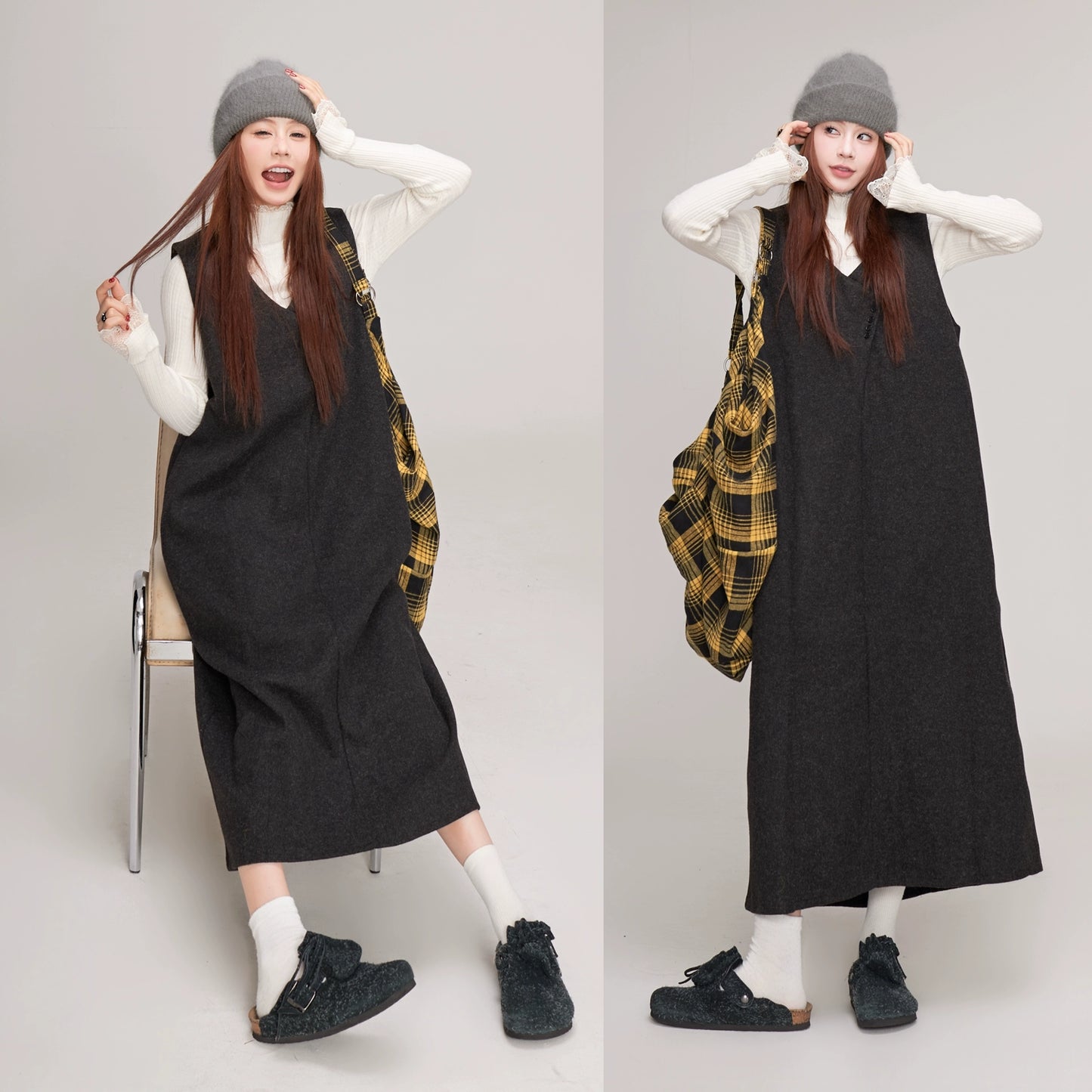 【ワンピース】ウール レディース 秋冬 ゆったりVネック 後ろスリット入り 体型カバー ノースリーブワンピース【JZシリーズ】