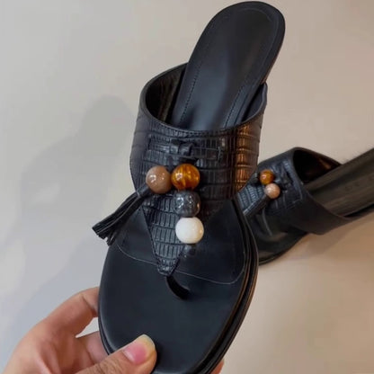 【シューズ】ヴィンテージ風 ビーズフリンジ トングサンダル 外履き リゾートローマ風