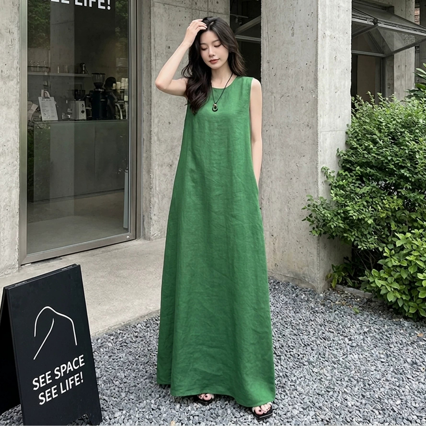 【ワンピース】ノースリーブワンピース レディース 夏新作 体型カバー リラックスシルエット ミモレ丈 ナチュラル【JZシリーズ】