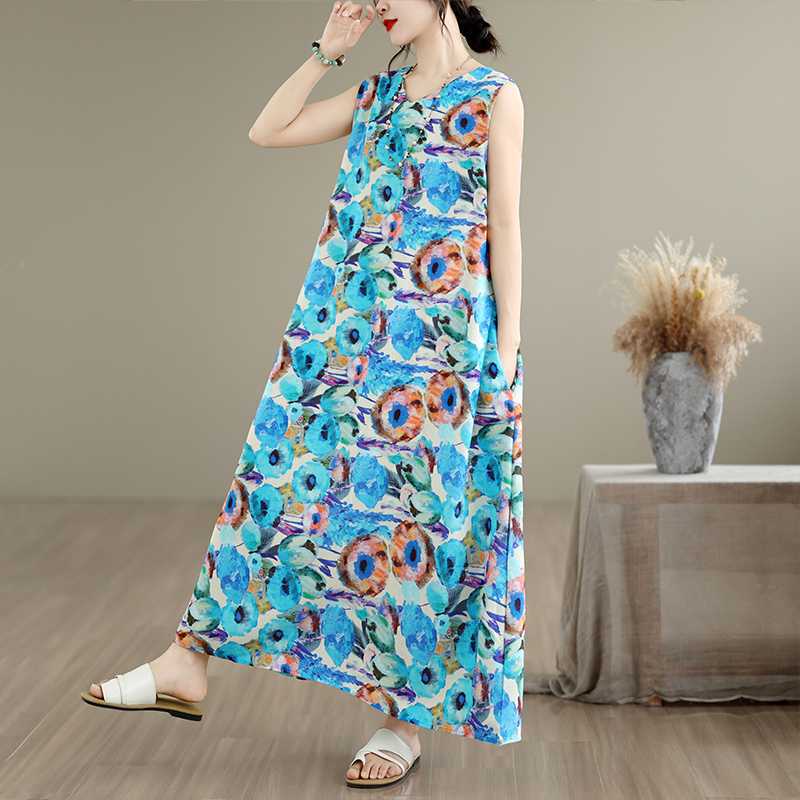 【ワンピース】韓国風 Vネックノースリーブワンピース レディース 夏 ウエストマーク ロング丈 体型カバー【SHシリーズ】