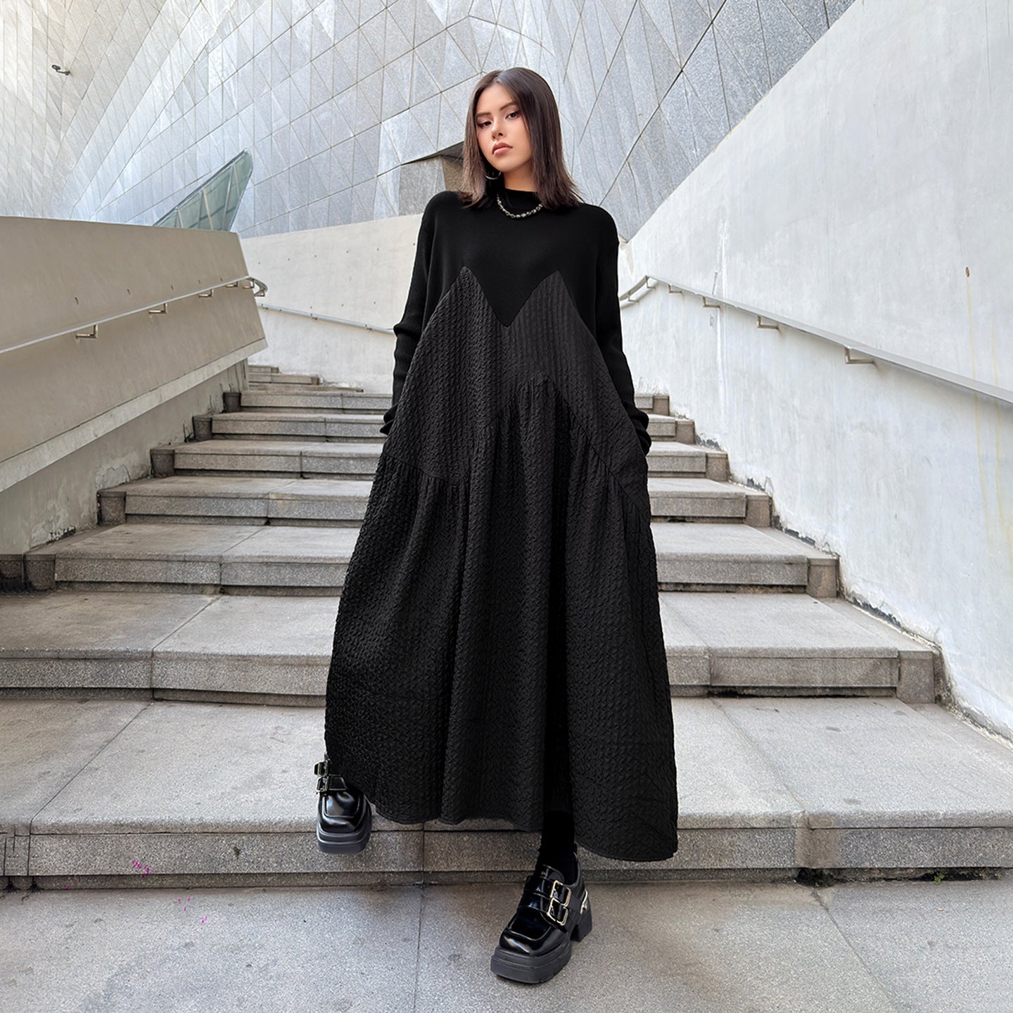 【ワンピース】切り替え 春 秋 冬 ダークテイスト長袖 ワンピース 【AHシリーズ】