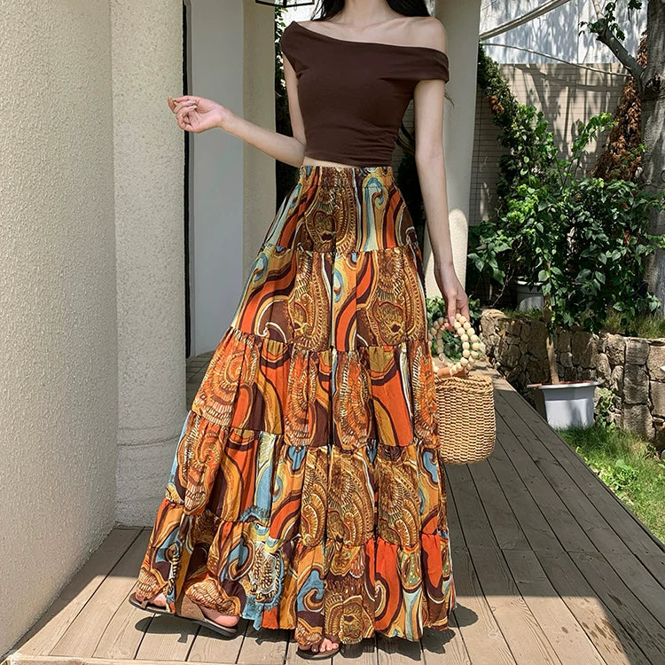 【ボトムス】リゾート花柄シフォンスカート レディース 夏 ティアードロングスカート ハイウエスト ふんわり揺れる フェミニン【SHシリーズ】