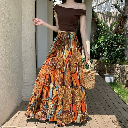 【ボトムス】リゾート花柄シフォンスカート レディース 夏 ティアードロングスカート ハイウエスト ふんわり揺れる フェミニン【SHシリーズ】