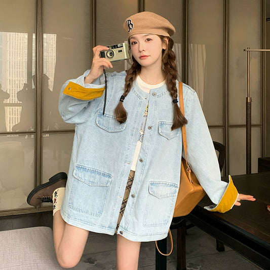 【アウター】ライトブルー デニムジャケット レディース 春秋 韓国風 カジュアル ウォッシュ加工 ゆったり【JZシリーズ】