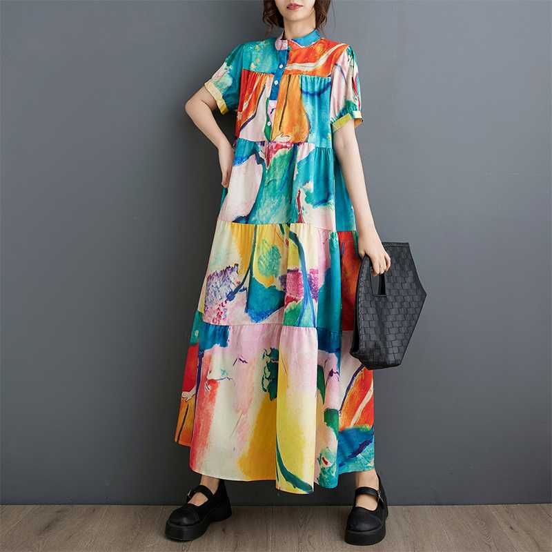 【ワンピース】韓国風ゆったりサイズ 半袖プリントシャツワンピース｜体型カバー◎涼しげなミディ丈【SHシリーズ】