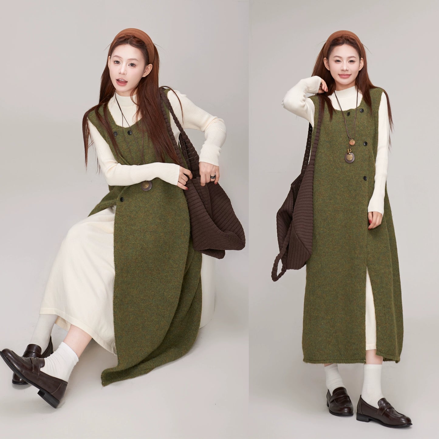 【ワンピース】秋冬 レトロ 森ガール マスタードグリーン ニットサロペットワンピ レディース 重ね着スタイルノースリーブワンピース【JZシリーズ】