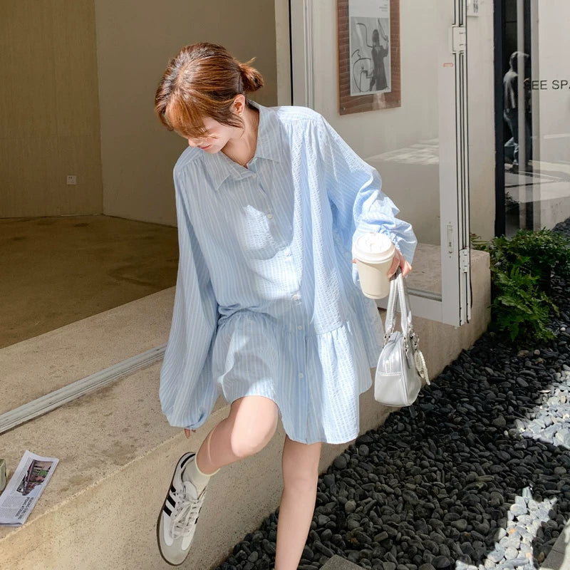 【ワンピース】ストライプロングワンピース レディース オーバーサイズ シャツワンピ ミニマル 上品デザイン【JZシリーズ】