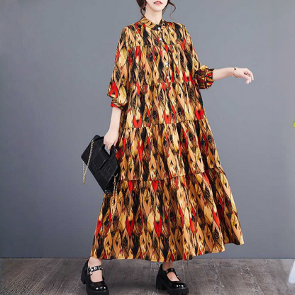 【ワンピース】春 秋 冬 大きいサイズ おしゃれ プリント 切り替え ティアードスカート【SHシリーズ】