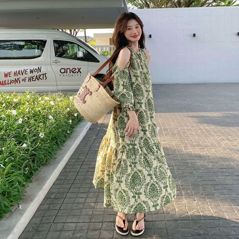 【ワンピース】フレンチエレガンス オフショルダー 花柄 半袖ワンピース 夏 海辺バカンス ロングドレス【SHシリーズ】