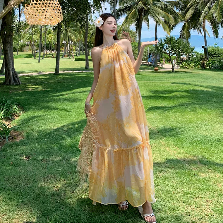 【ワンピース】リゾート風 イエロー ノースリーブ 花柄ワンピース レディース 夏 背中開き ロング丈 海コーデ 大人可愛い【SHシリーズ】