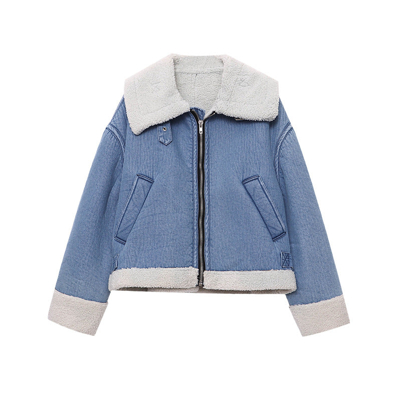 【アウター】秋冬用 高級感 フェイクボア デニムジャケット レディース ビッグカラー 綿入れコート【SNシリーズ】