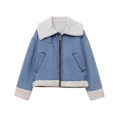 【アウター】秋冬用 高級感 フェイクボア デニムジャケット レディース ビッグカラー 綿入れコート【SNシリーズ】