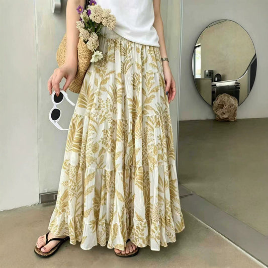 【ボトムス】フレンチ風 花柄 スカート レディース ハイウエスト フレア ロング Aライン 旅行・リゾート向け【SHシリーズ】