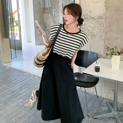 【ワンピース】ストライプ ワンピース レディース 夏 レイヤード風 半袖 ロングワンピース 細見え ウエストマーク 人気 フレンチ風【SHシリーズ】