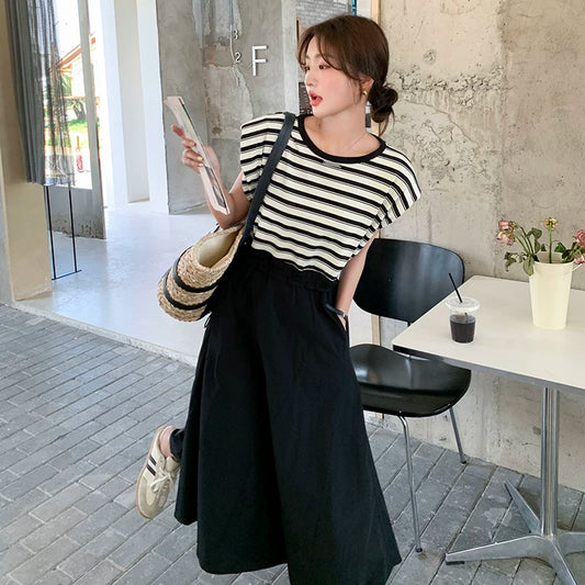 【ワンピース】ストライプ ワンピース レディース 夏 レイヤード風 半袖 ロングワンピース 細見え ウエストマーク 人気 フレンチ風【SHシリーズ】