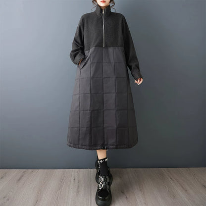 【ワンピース】ダークモード 長袖ワンピース 高級感 切替 中綿入り チェック柄 ミディ丈 レディース 秋冬 ロングドレス【AHシリーズ】