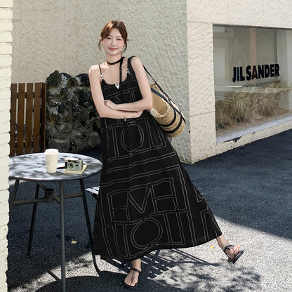 【ワンピース】バカンス配色ジオメトリックプリント リラックス感細見え ノースリーブキャミワンピース【SHシリーズ】