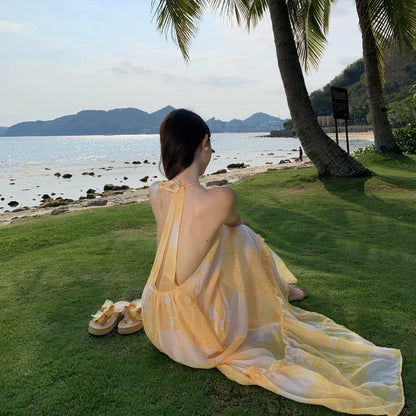 【ワンピース】リゾート風 イエロー 花柄キャミワンピース レディース 夏 背中開き マキシ丈 ビーチコーデ ノースリーブ 大人可愛い【SHシリーズ】
