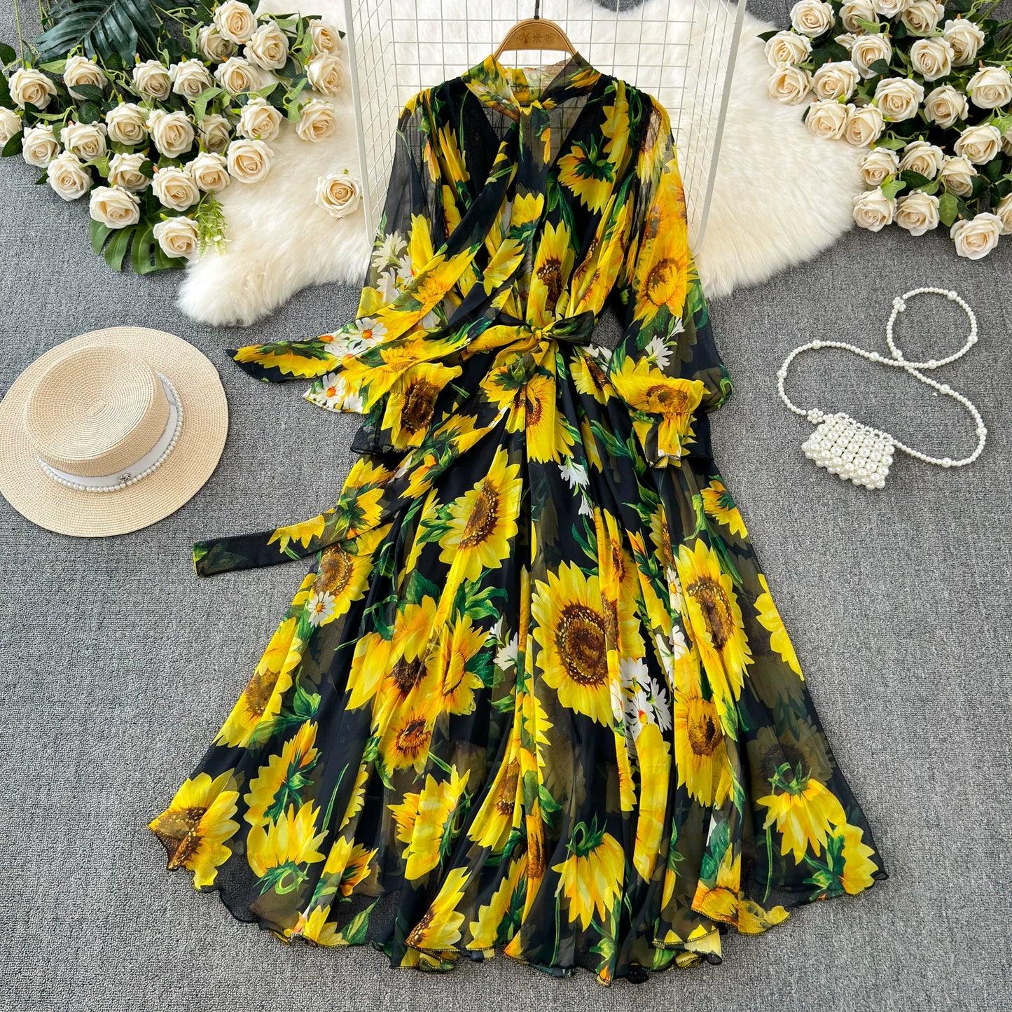 【ワンピース】ひまわり柄🌻 フレンチエレガンス 気質 レディース シフォン 長袖ワンピース 蝶結びネック フレア 大人可愛い【SHシリーズ】