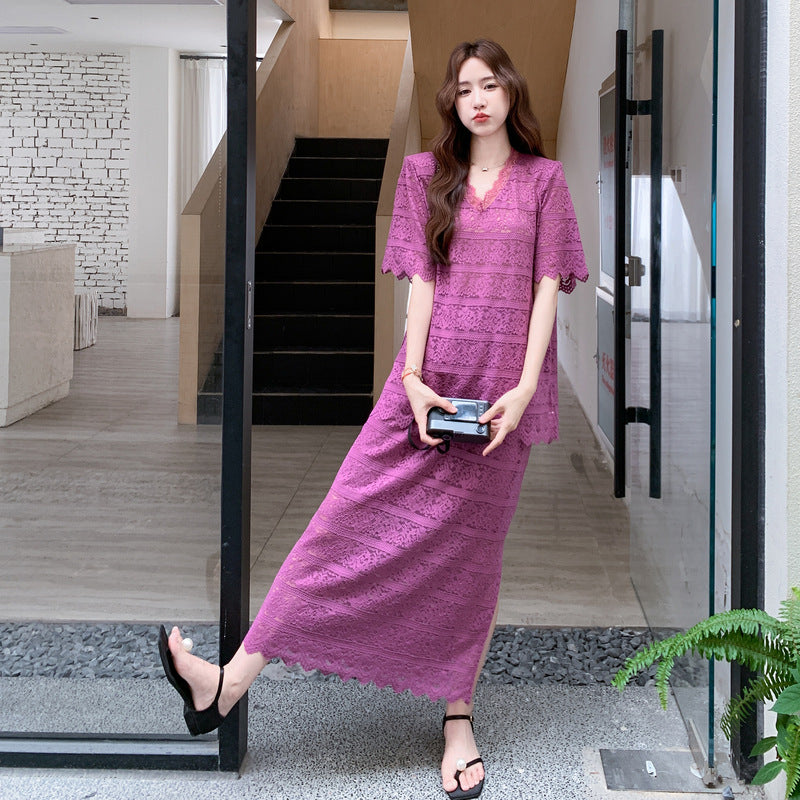 2点セット！【セットアップ】通勤気質  Vネックレース透かし彫りトップス＋万能ハイウエストスカート上下セット【SNシリーズ】