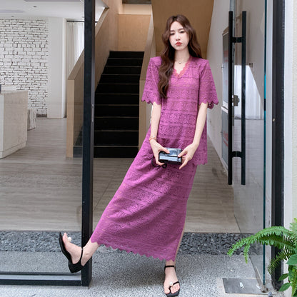 2点セット！【セットアップ】通勤気質  Vネックレース透かし彫りトップス＋万能ハイウエストスカート上下セット【SNシリーズ】