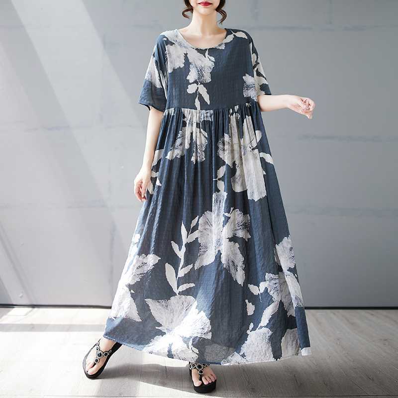 【ワンピース】夏 プリント 花柄 ゆるリラックス ラウンドネック 半袖 ワンピース 【SHシリーズ】