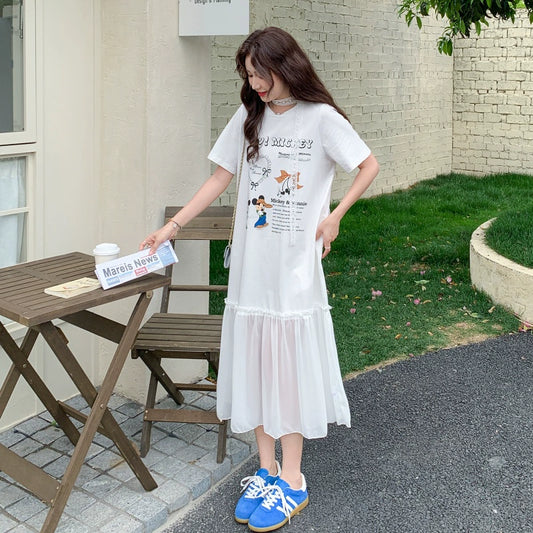 【ワンピース】ゆるかわキャラ柄Tシャツ 半袖 ワンピース 配色デザインで注目度UP【JZシリーズ】