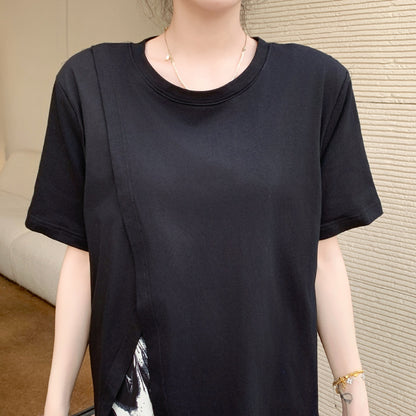 【ワンピース】🌞夏新作 大きいサイズ レディース 半袖 重ね着風ワンピース 墨柄 ゆったり ロング丈 体型カバー【SHシリーズ】