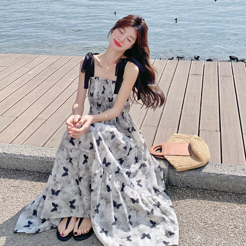 【ワンピース】夏 優しくかわいらしい 水墨蝶柄 カラーブロック ノースリーブワンピース【SHシリーズ】