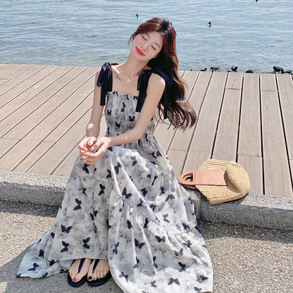 【ワンピース】夏 優しくかわいらしい 水墨蝶柄 カラーブロック ノースリーブワンピース【SHシリーズ】