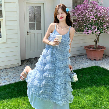 【ワンピース】カラフルチュール切替シフォンキャミワンピース レディース 夏新作 リゾート ティアード ロング丈 体型カバー おしゃれ【SHシリーズ】