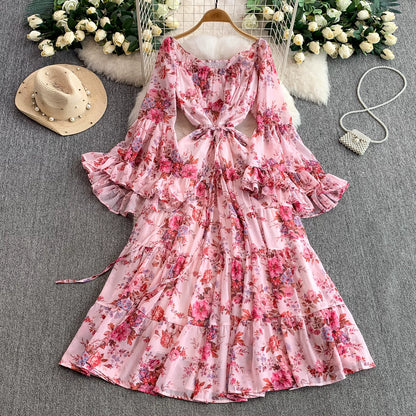 【ワンピース】褒められ確定！フレンチ小衆 長袖 プリントロングワンピース｜シフォン＆ベルスリーブ【SHシリーズ】