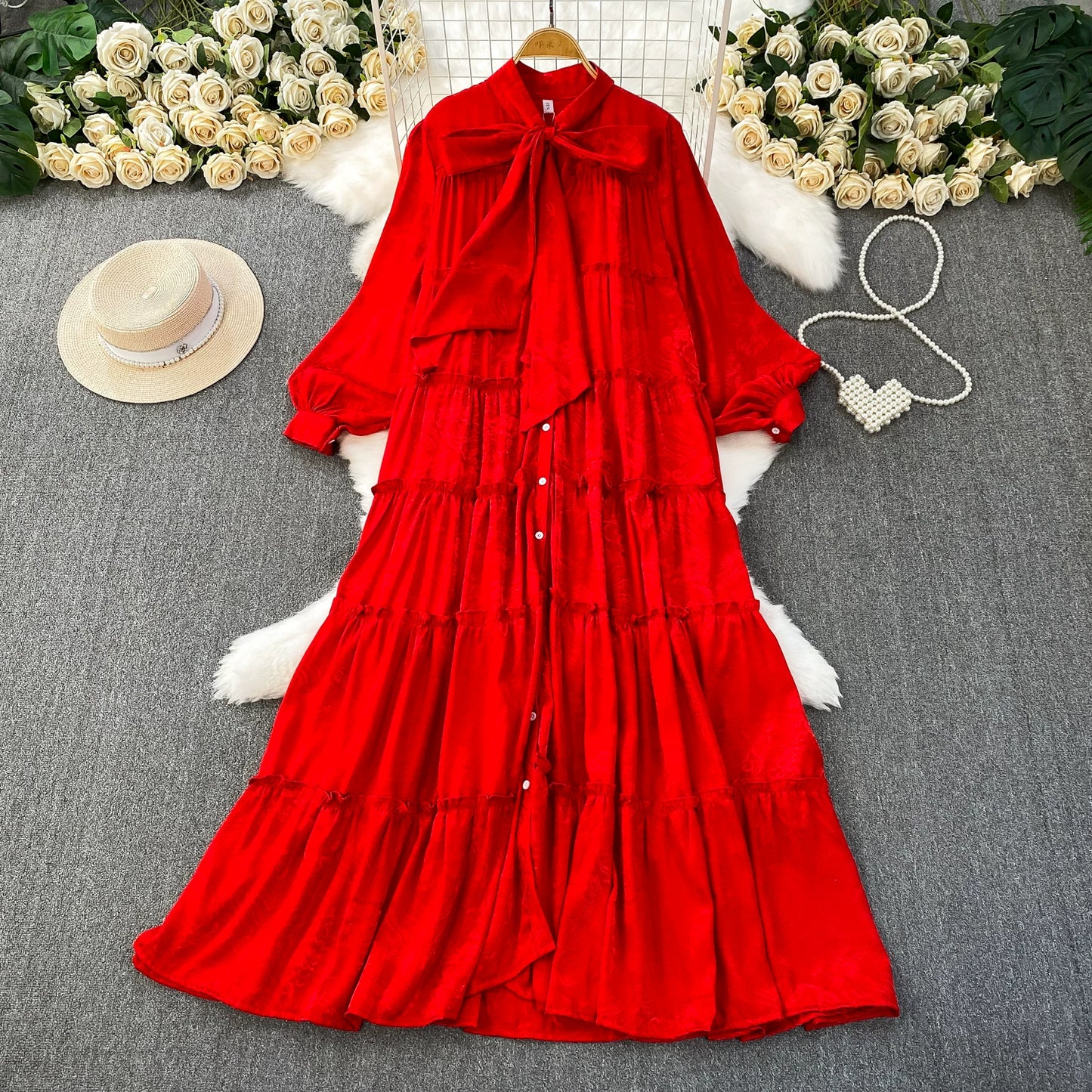 【ワンピース】プリントVネック お腹周りカバー フリル 長袖 ワンピース 【SHシリーズ】