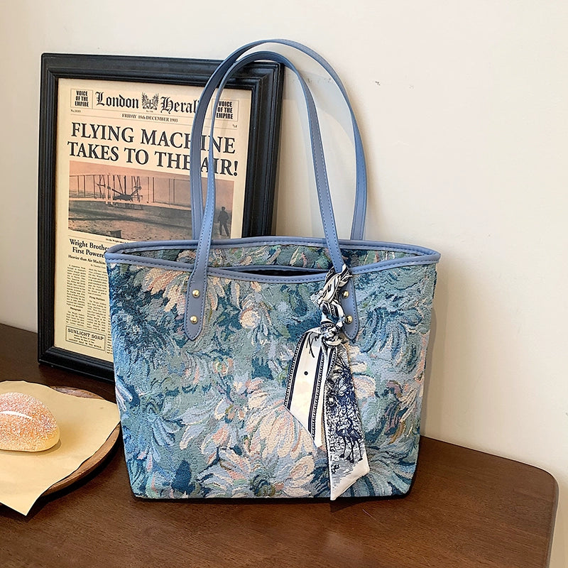 【バッグ】💙刺繍デザイン入り 大容量トートバッグ レディース 通勤 新作 おしゃれレトロ ボディバッグ