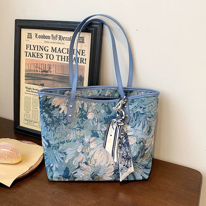 【バッグ】💙刺繍デザイン入り 大容量トートバッグ レディース 通勤 新作 おしゃれレトロ ボディバッグ