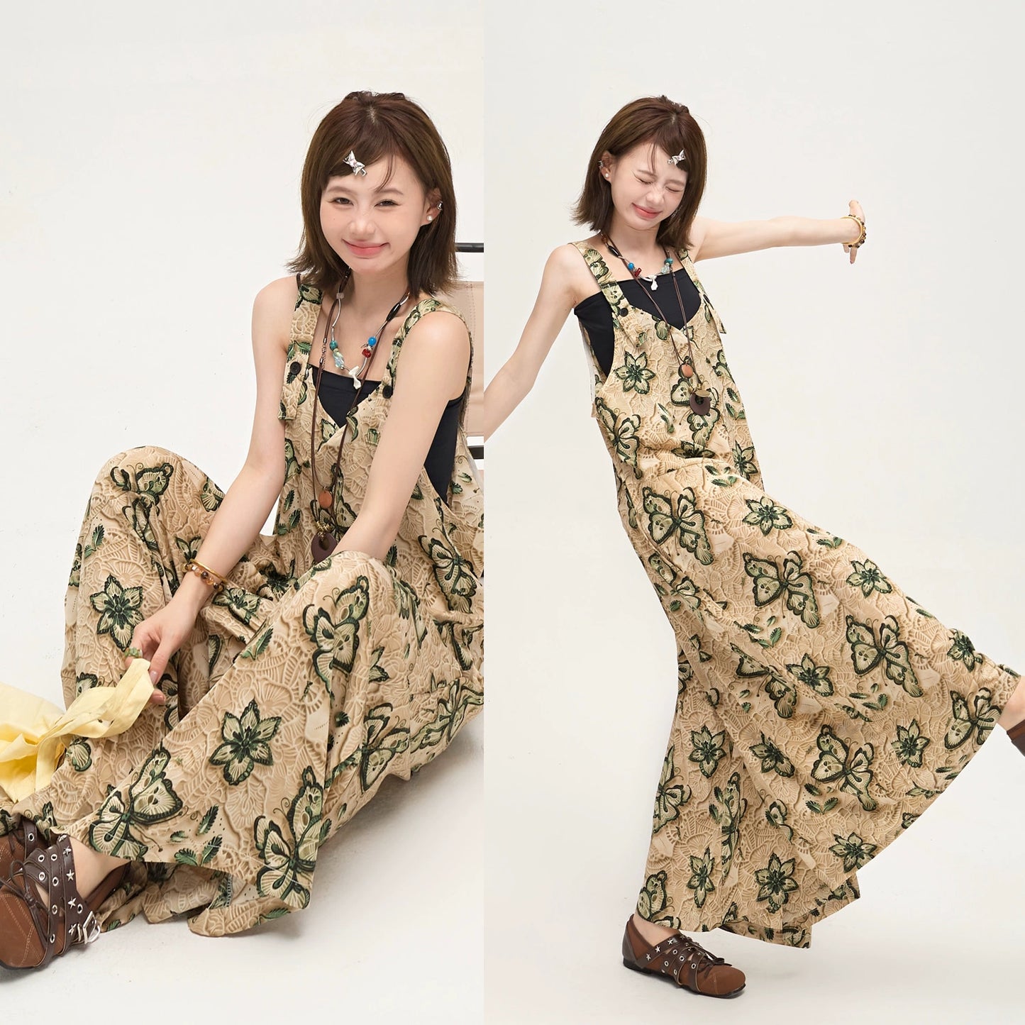 【ボトムス】ゆったりルーズ感 オーバーサイズ Vネック オールインワン 夏新作 バタフライプリント サロペット【SHシリーズ】