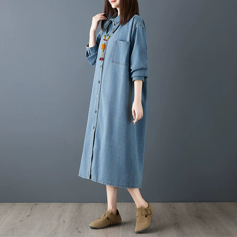 【ワンピース】春新作 シンプル レトロ 長袖 シャツワンピース ストレートシルエット 細見え ロング丈 デニムワンピース レディース【JZシリーズ】