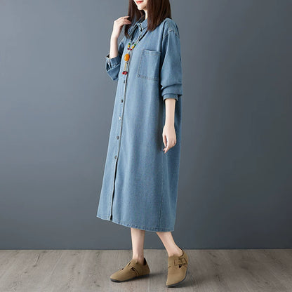 【ワンピース】春新作 シンプル レトロ 長袖 シャツワンピース ストレートシルエット 細見え ロング丈 デニムワンピース レディース【JZシリーズ】