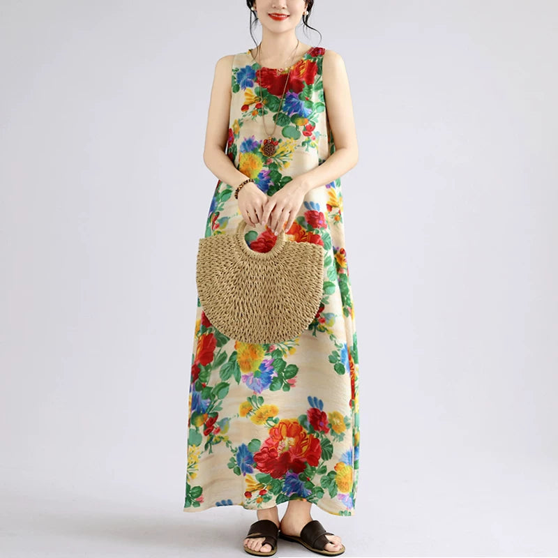 【ワンピース】ボヘミアン ロングワンピース レディース 大きいサイズ ノースリーブ 花柄 ゆったり リゾート風 夏ワンピース【SHシリーズ】