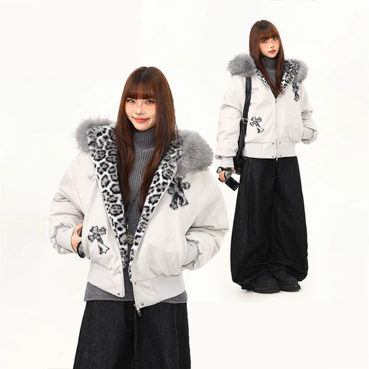 ファー襟取り外し可能~【アウター】レオパード柄 クロス＆イーグルデザイン 中綿 フード付きジャケット レディース 綿入れコート【FCシリーズ】