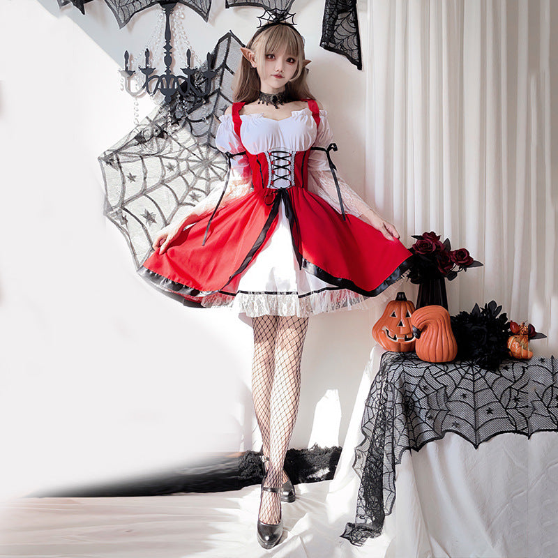 【ハロウィン】大人用赤ずきんコスプレ・ワンピース・マント付き・メイド風・赤いロングドレス