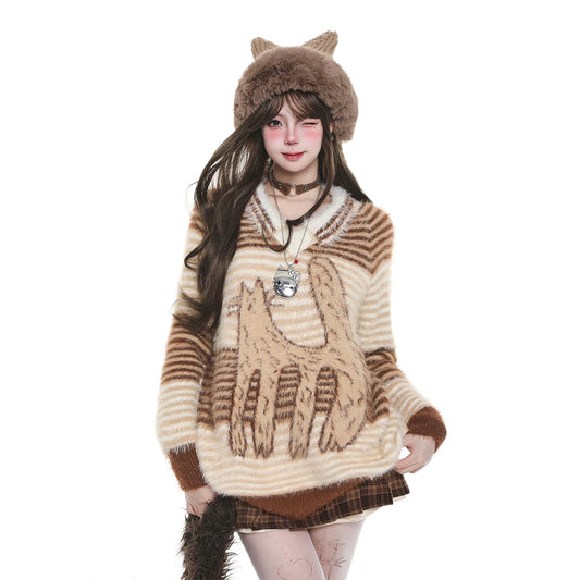 【トップス】猫柄ストライプ 韓国風カジュアル ゆったり ニットセーター【FCシリーズ】