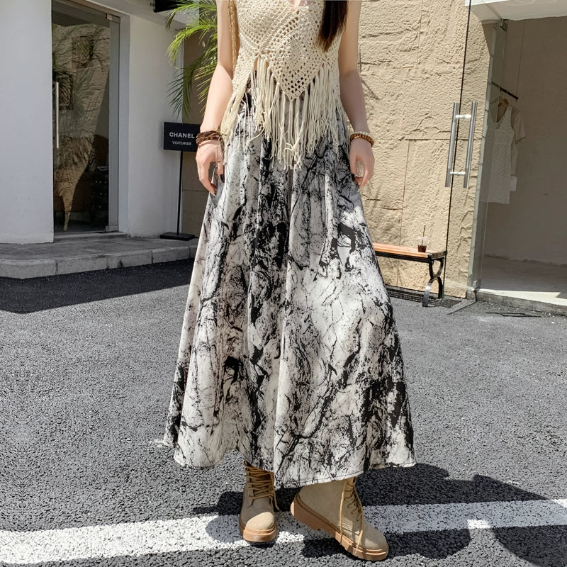 【ボトムス】ハイウエスト レトロ水墨柄 フレアロングスカート Aライン シフォンスカート【SHシリーズ】