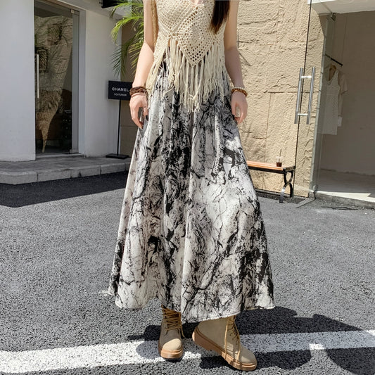 【ボトムス】ハイウエスト レトロ水墨柄 フレアロングスカート Aライン シフォンスカート【SHシリーズ】