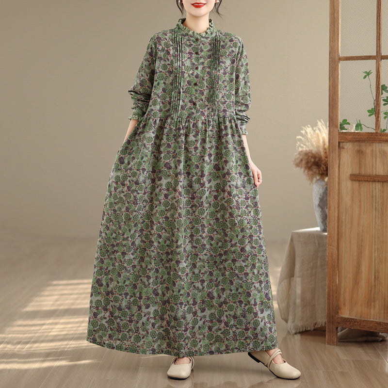 【ワンピース】ロング丈 プリント 上品な雰囲気 リネン素材 長袖 ワンピース 【SHシリーズ】