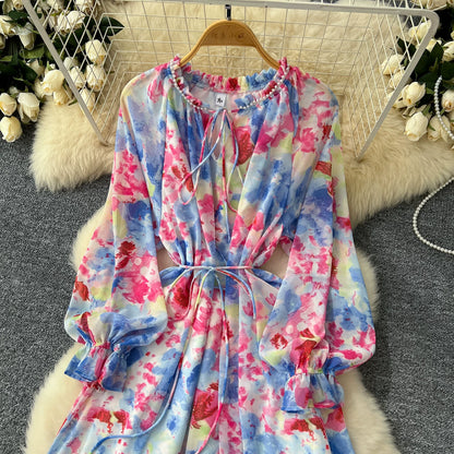 【ワンピース】一枚で主役級✨フレンチエレガンス 長袖 ワンピース パールラウンドネック リボン付き ランタンスリーブ 花柄シフォン ウエストマーク ロング丈【SHシリーズ】