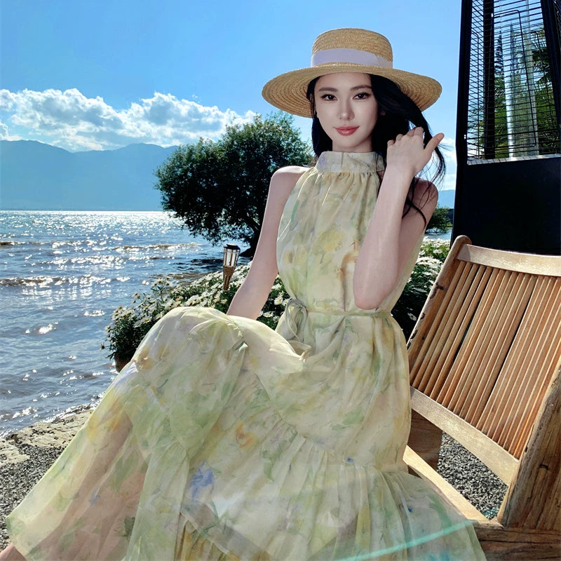 【ワンピース】ビーチリゾート 花柄ワンピース レディース 夏 ホルターネック ノースリーブ フリルデザイン ロング丈 大人可愛い【SHシリーズ】