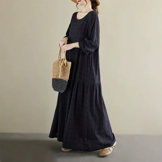 【60%OFF⭐️早い者勝ち】【ワンピース】レトロ  ラウンドネック 長袖 ワンピース ゆったり 体型カバー 大きいサイズ【AHシリーズ】